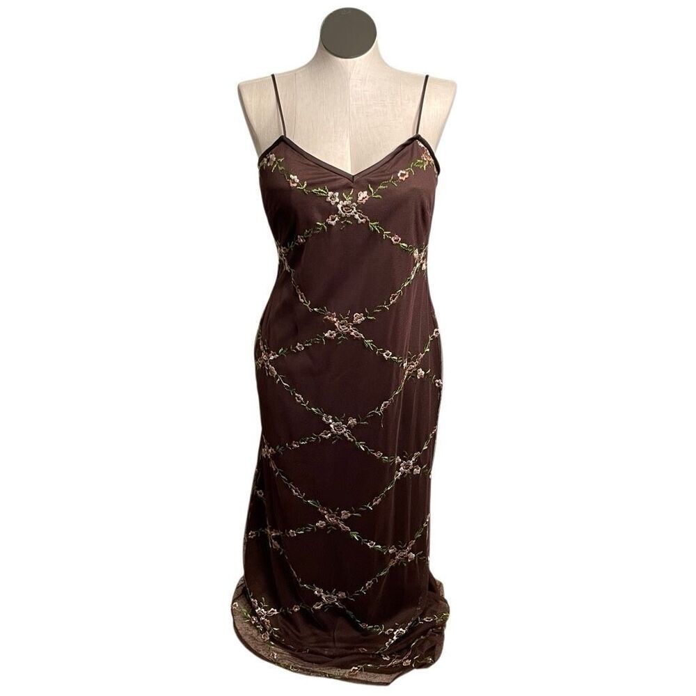 90s Y2K Lace Overlay Maxi Slip Dress 14 Brown Floral Lattice Forest Garden Fairy - Picture 2 of 9